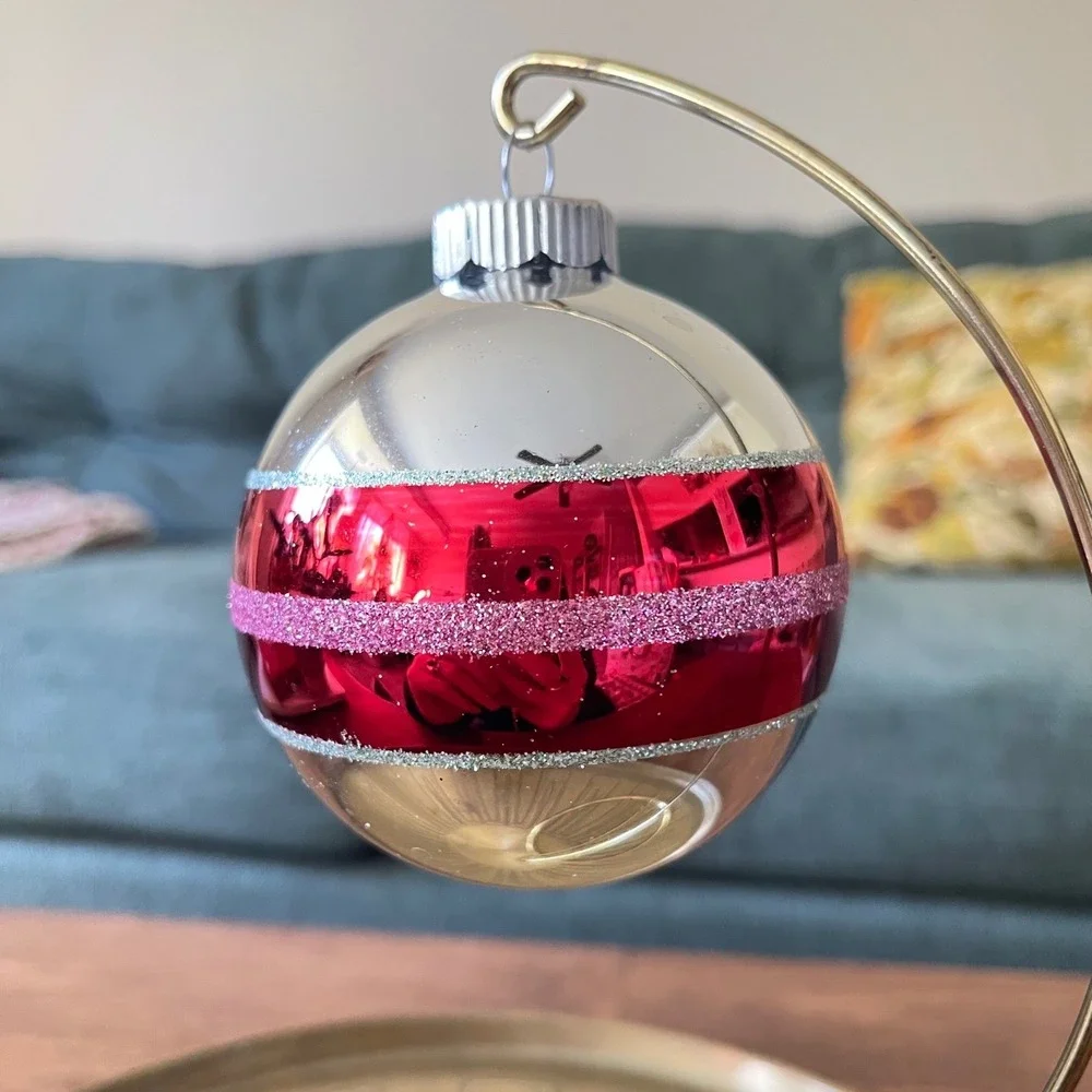 Radko Shiny Brite Glitter Striped Ornament Indent Ball Pink Teal blue red‎ XL